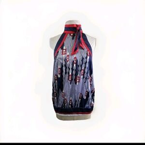 Bebe Silk Red, White And Blue Blouse- Large